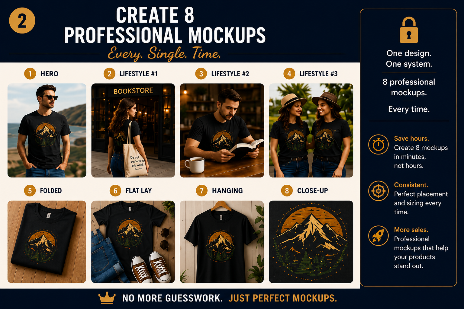 AI Mockup Mastery system showing how one T-shirt design becomes a coordinated 8-image product mockup collection
