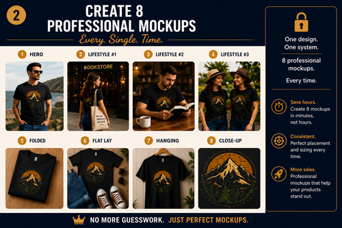 AI Mockup Mastery system showing how one T-shirt design becomes a coordinated 8-image product mockup collection