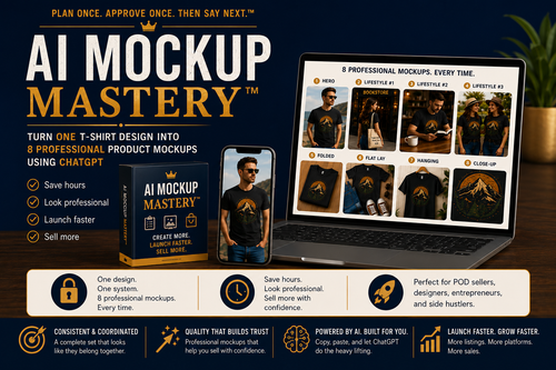 AI Mockup Mastery digital toolkit for creating professional T-shirt product mockups using ChatGPT
