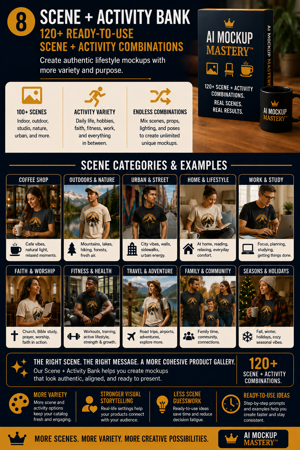 AI Mockup Mastery Scene and Activity Bank with 100-plus settings and activities for lifestyle T-shirt mockups
