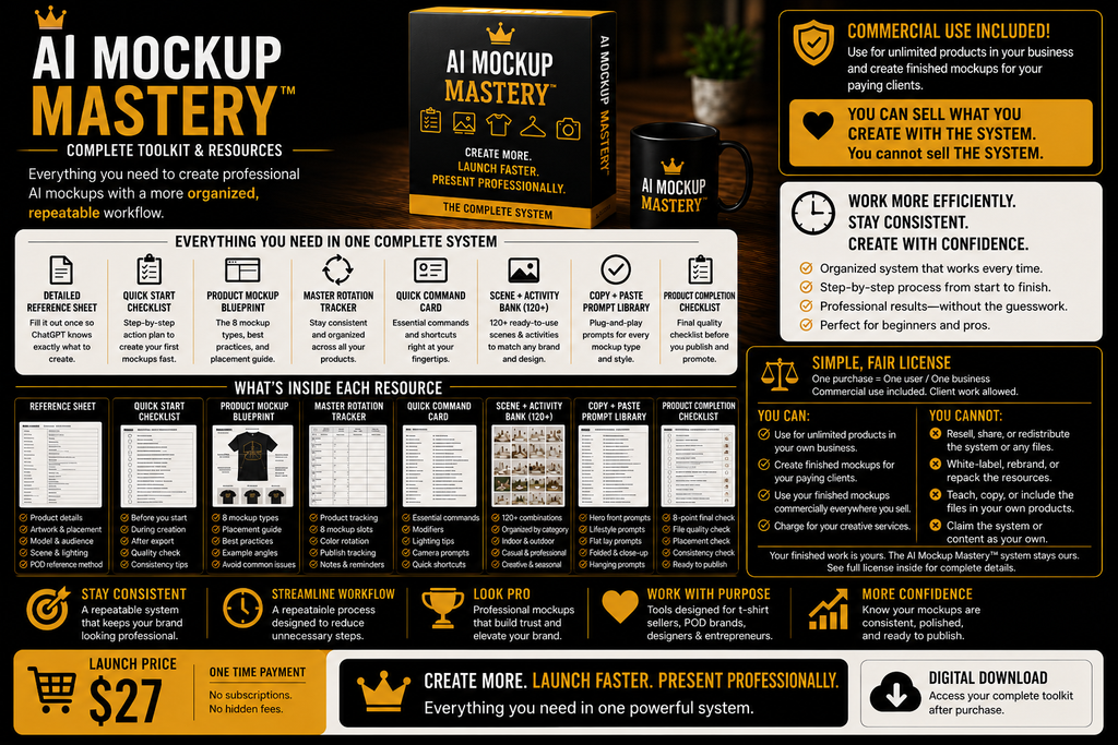 AI Mockup Mastery complete digital toolkit with prompts, worksheets, trackers, scene bank, checklists, commercial-use license, and digital download