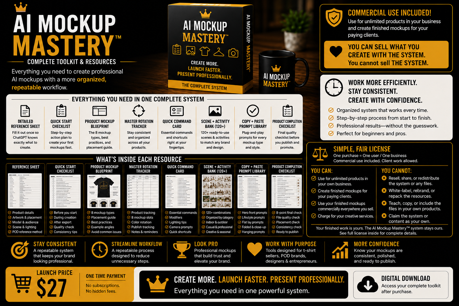 AI Mockup Mastery complete digital toolkit with prompts, worksheets, trackers, scene bank, checklists, commercial-use license, and digital download